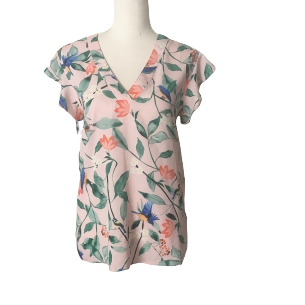 C & E Short Sleeve Floral Blouse Top Size Large